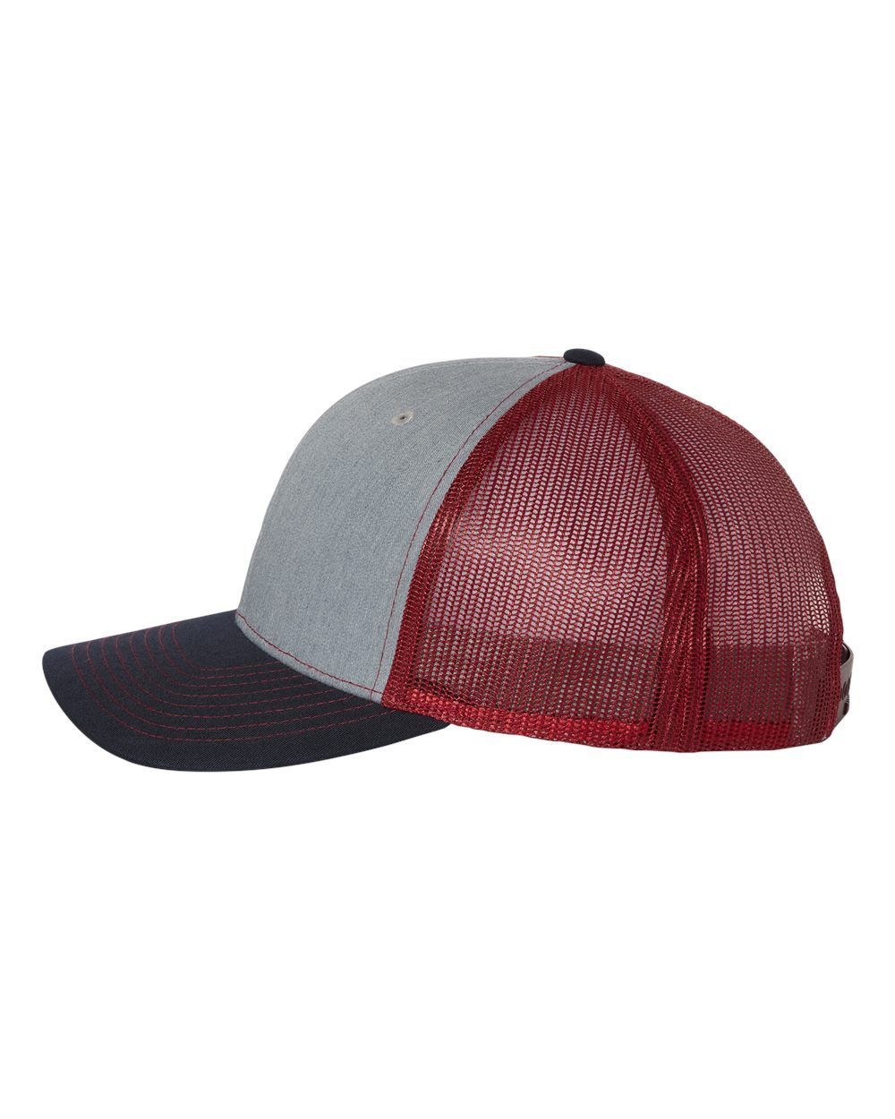 A red and gray trucker hat with a mesh back on a white background.