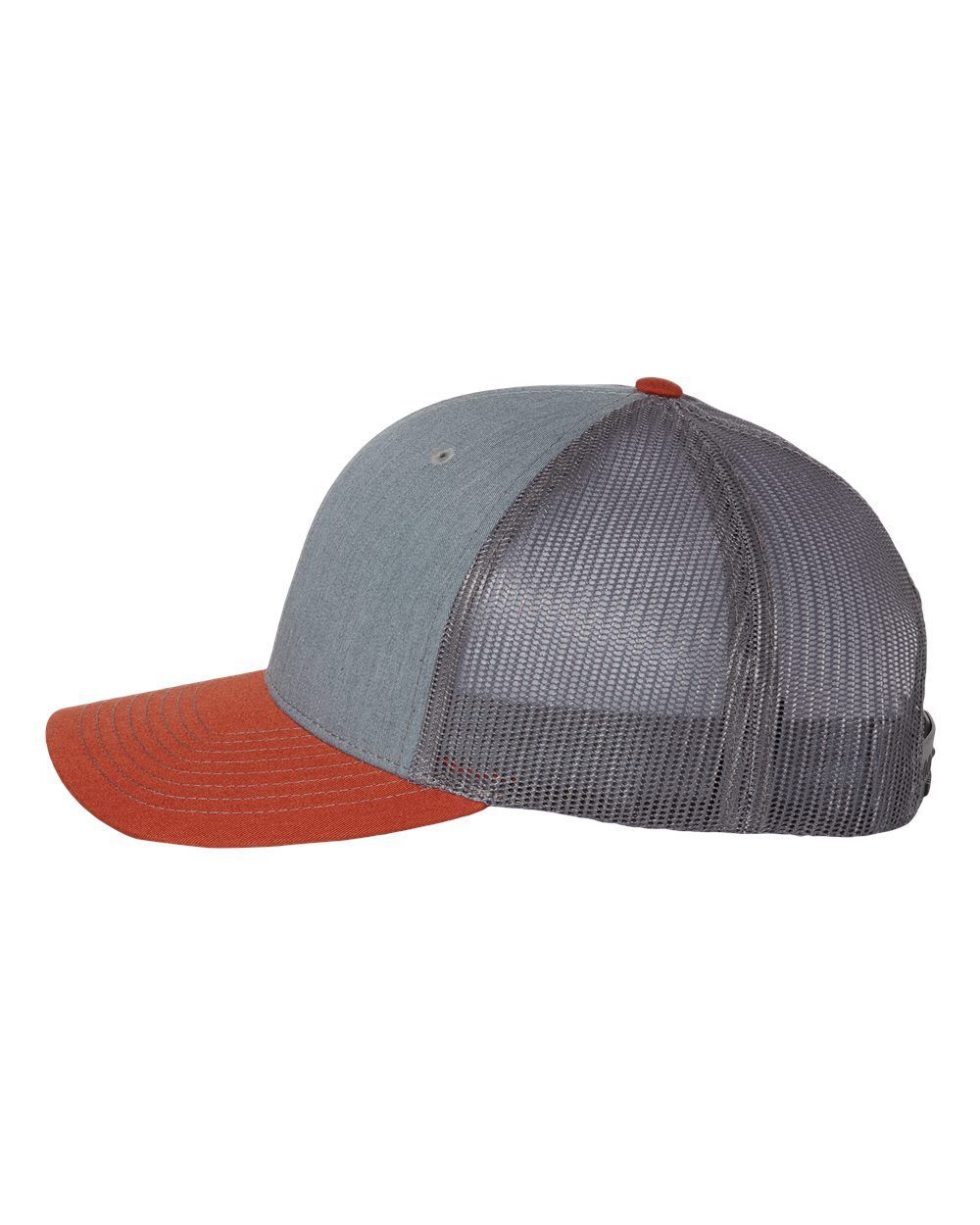 A baseball cap with a mesh back and a red brim on a white background.