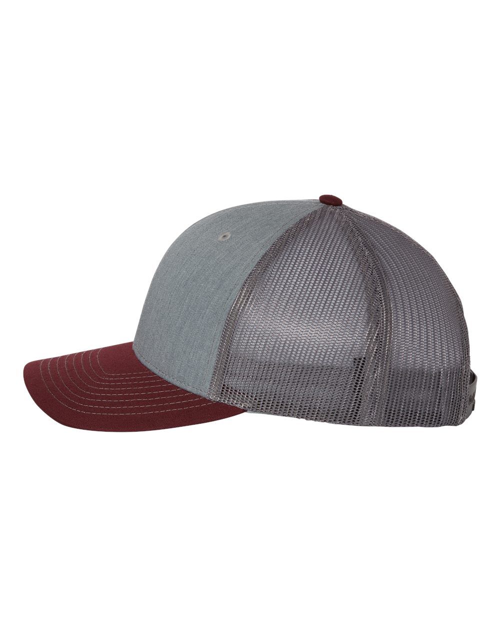 A baseball cap with a mesh back and a maroon brim on a white background.