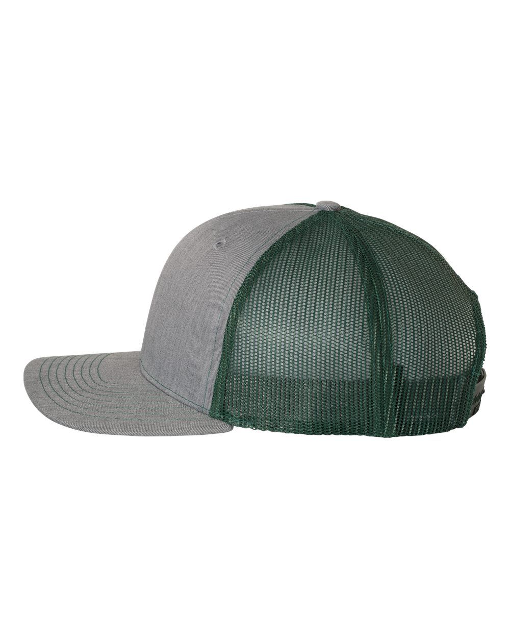 A gray and green trucker hat with a mesh back on a white background.