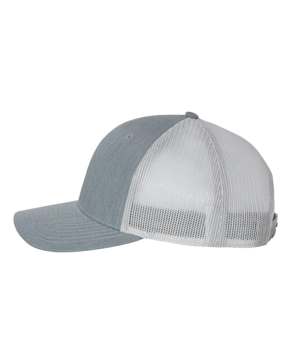 A grey and white trucker hat with a mesh back on a white background.