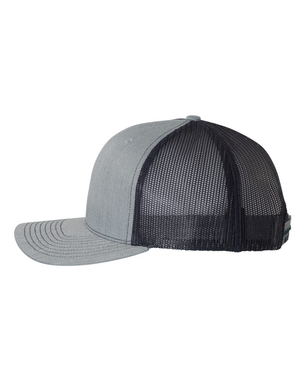 A gray and black trucker hat with a mesh back on a white background.