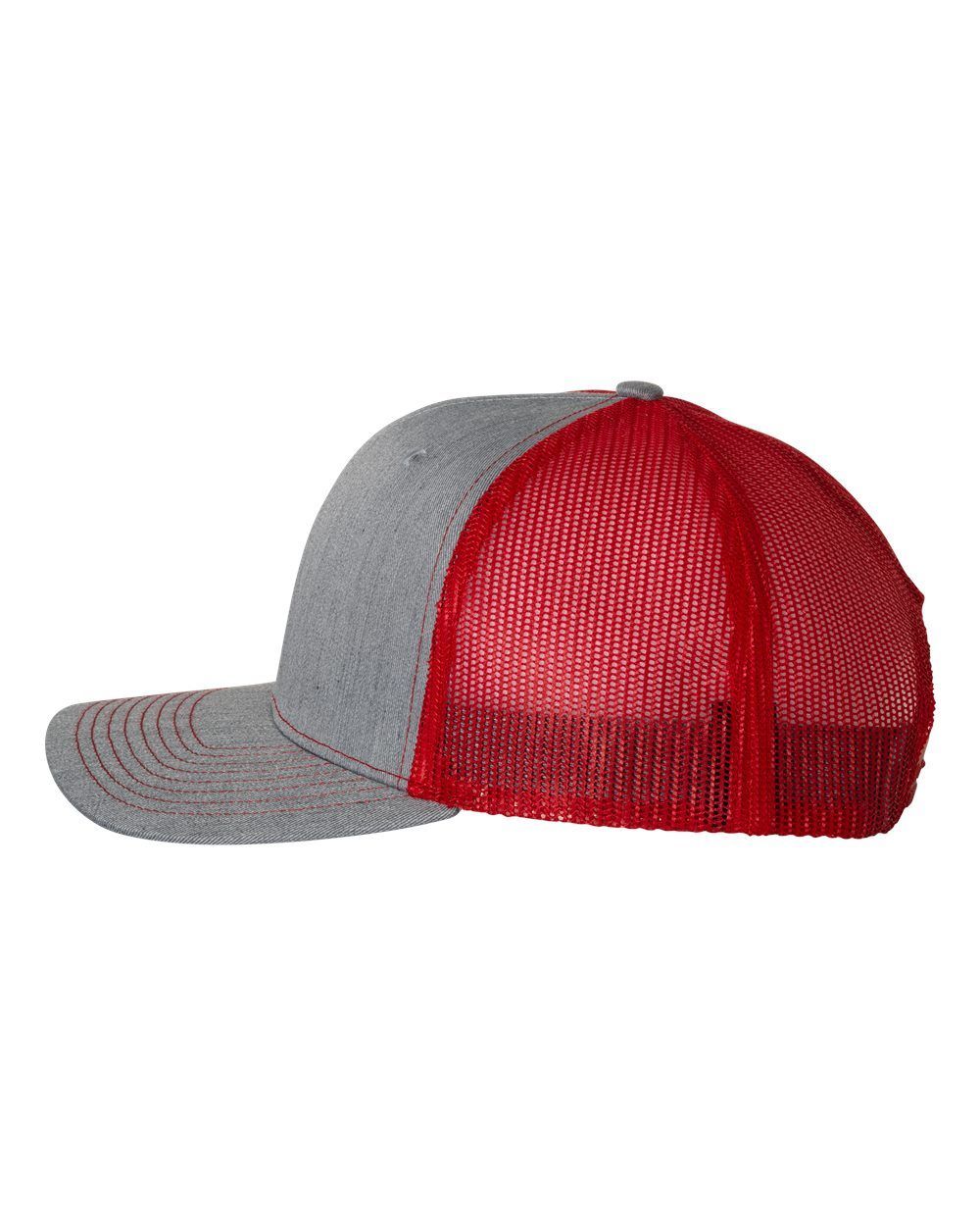 A gray and red trucker hat with a red mesh back on a white background.