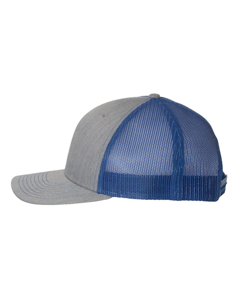 A grey and blue trucker hat with a mesh back on a white background.