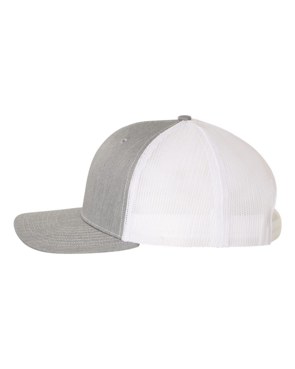 A grey and white baseball cap with a mesh back on a white background.