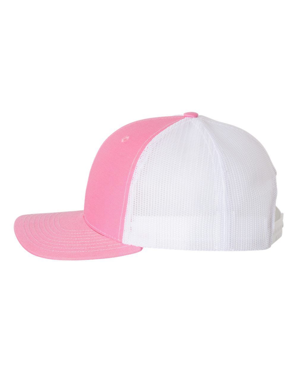 A pink and white baseball cap with a mesh back on a white background.