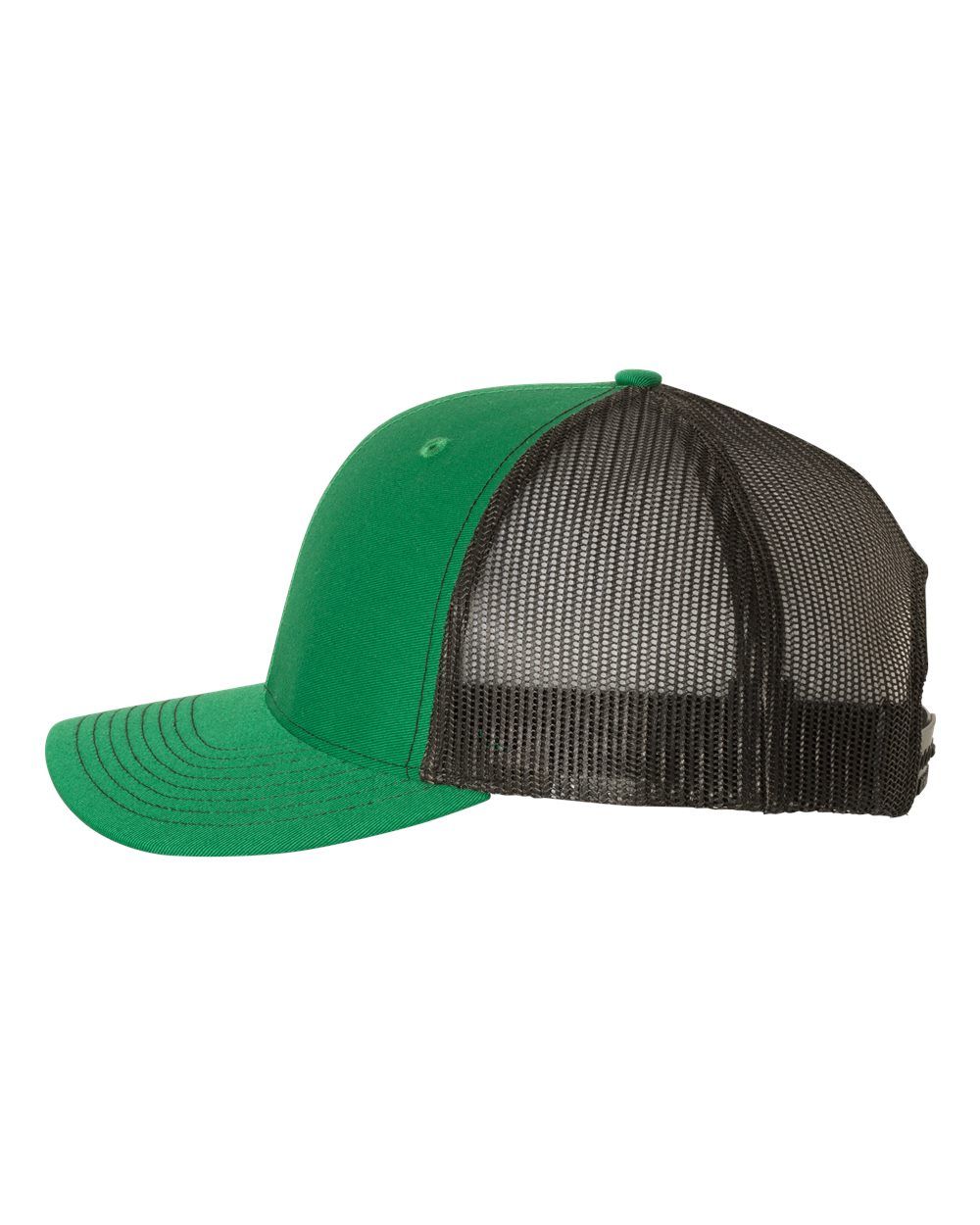 A green trucker hat with a black mesh back on a white background.