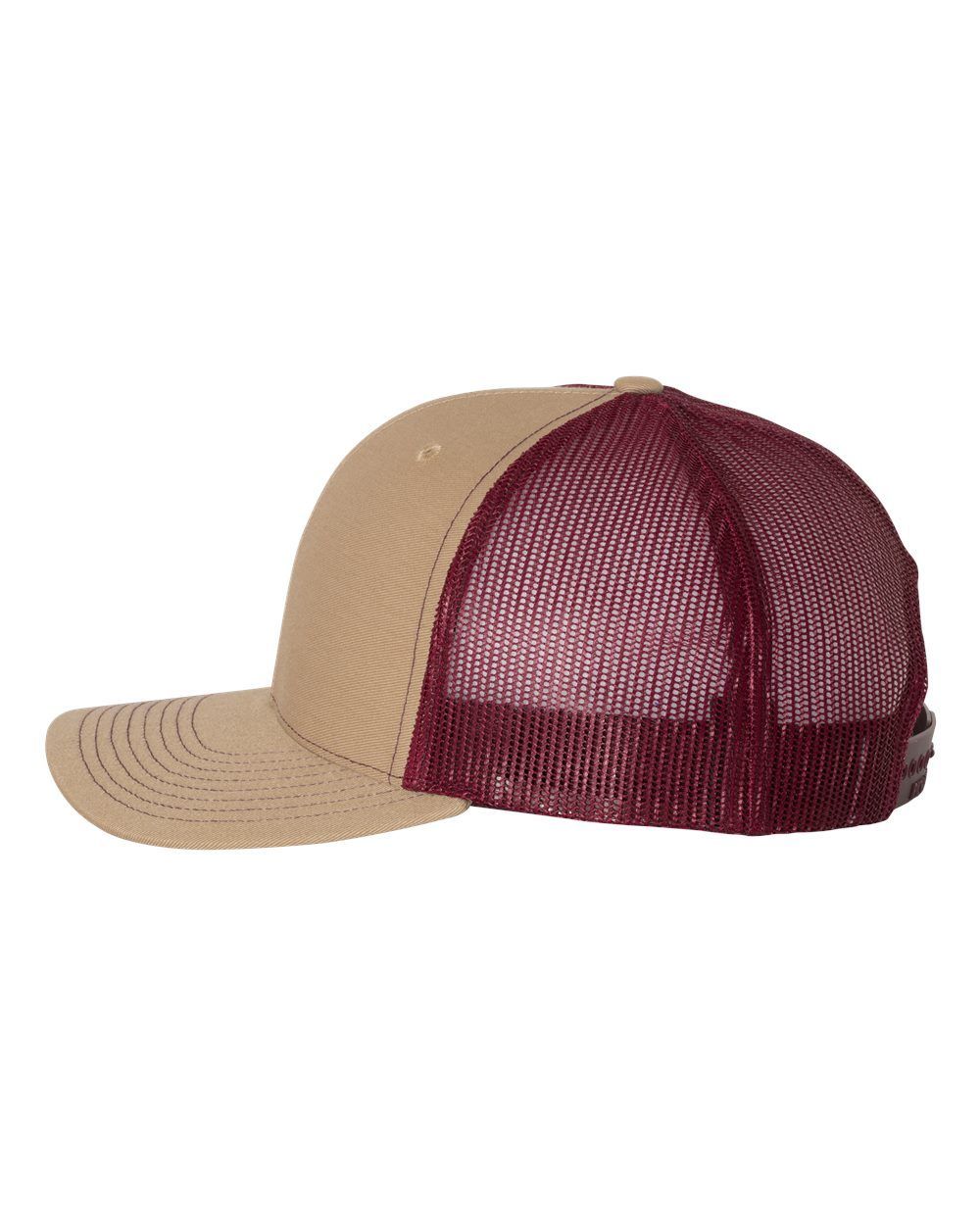 A tan and maroon trucker hat with a mesh back on a white background.