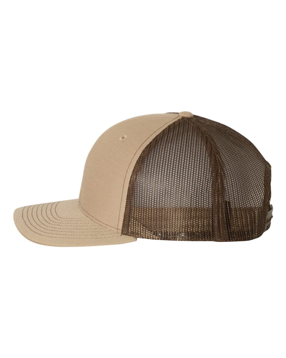 A tan and brown trucker hat with a mesh back on a white background.