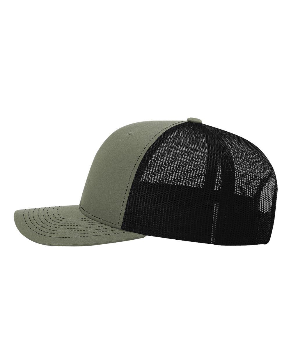 A green and black trucker hat with a mesh back on a white background.