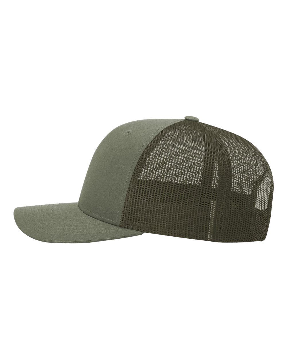 A green trucker hat with a mesh back on a white background.