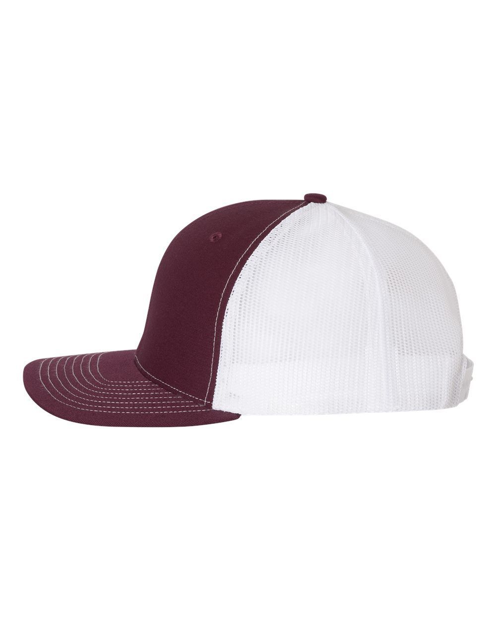 A maroon and white baseball cap on a white background.