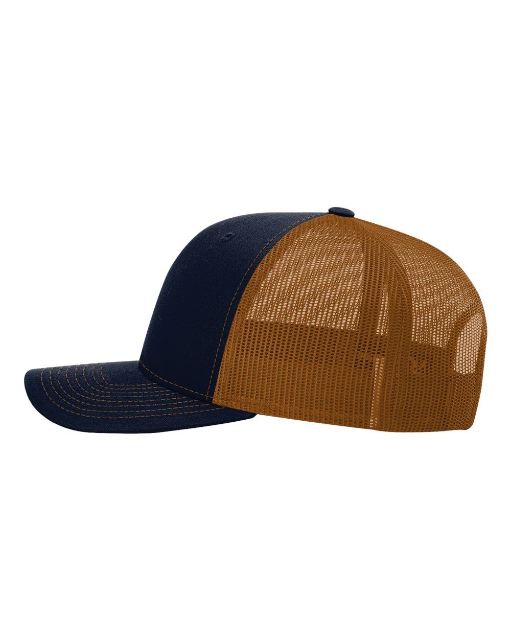 A blue and brown trucker hat with a mesh back on a white background.