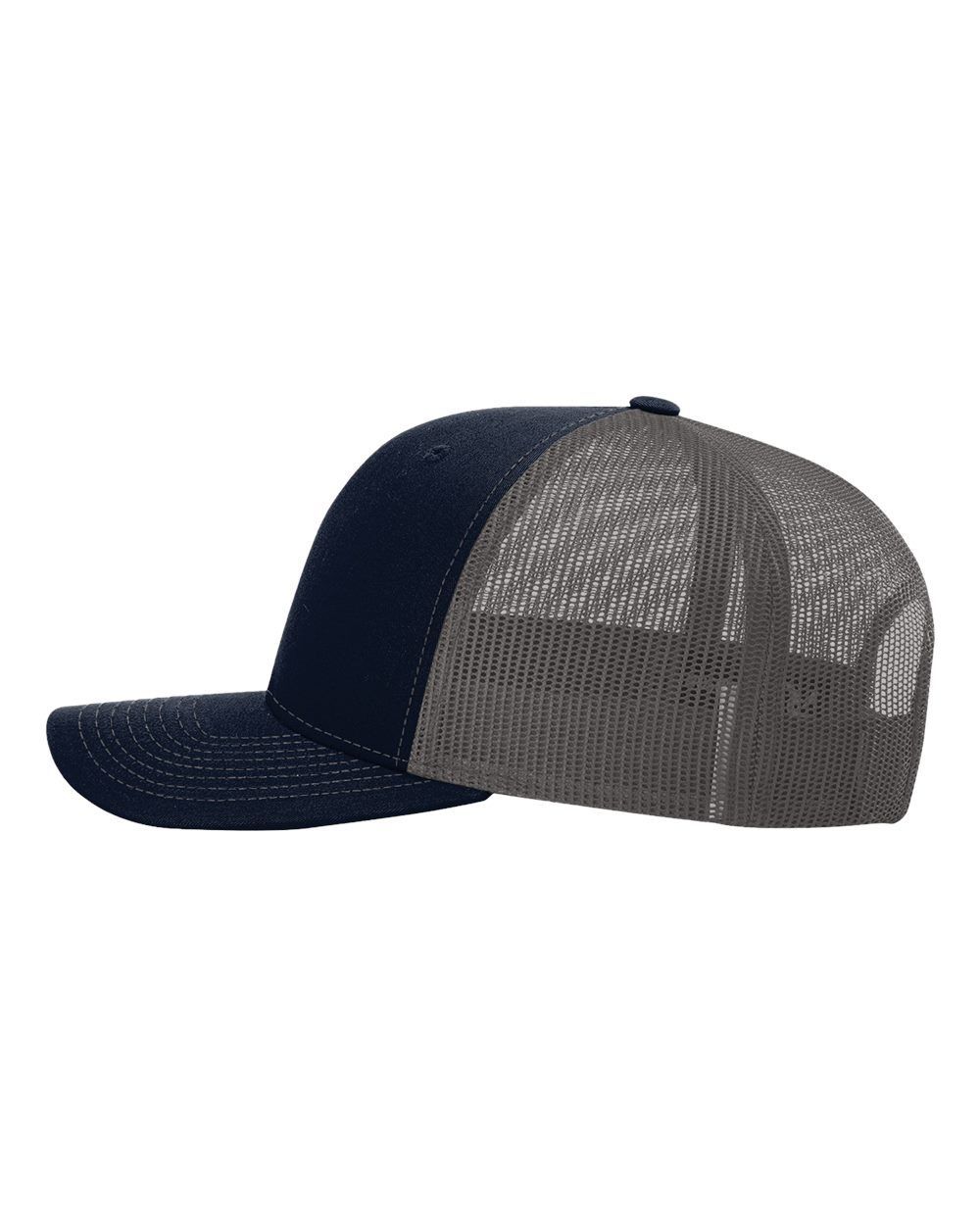 A black and grey trucker hat with a mesh back on a white background.