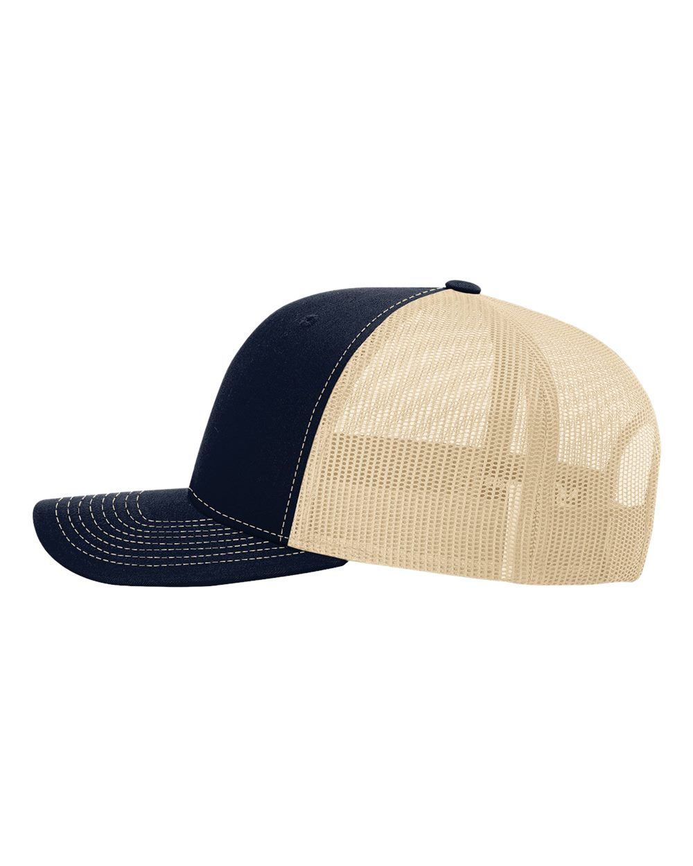 A black and tan trucker hat with a mesh back on a white background.