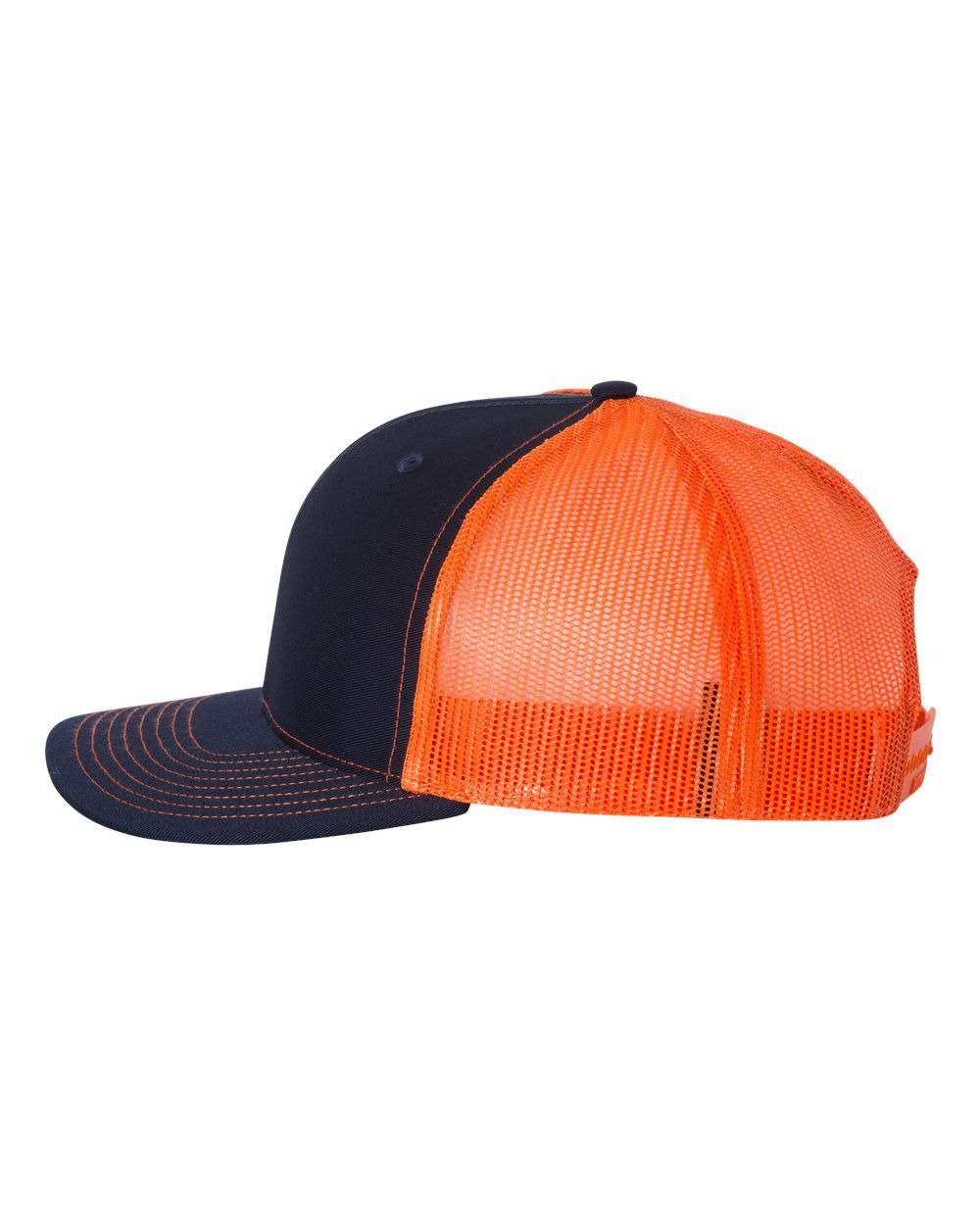 A black and orange baseball cap with a mesh back on a white background.