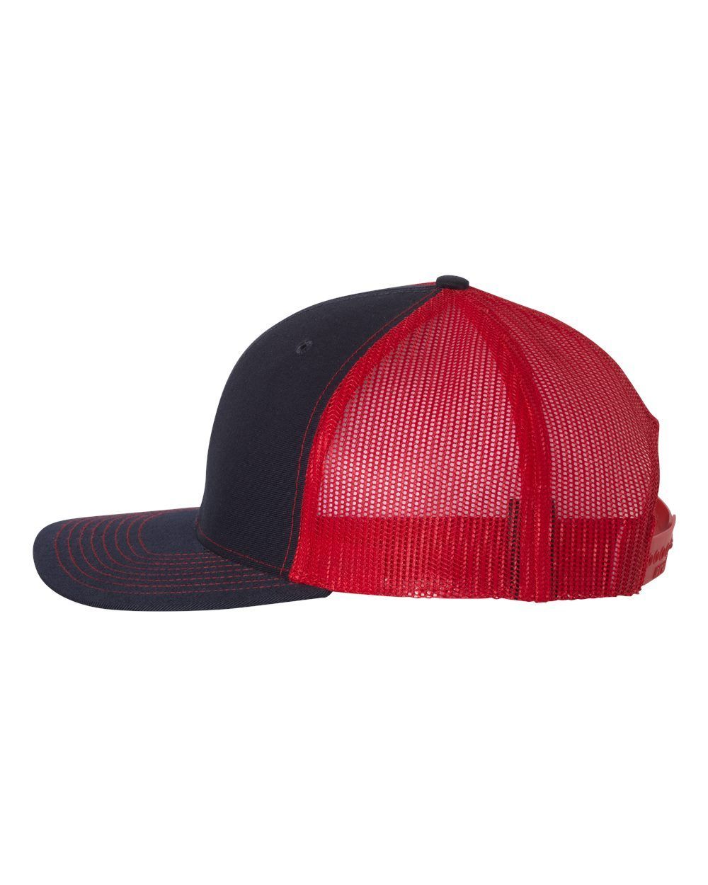 A black and red trucker hat with a red mesh back