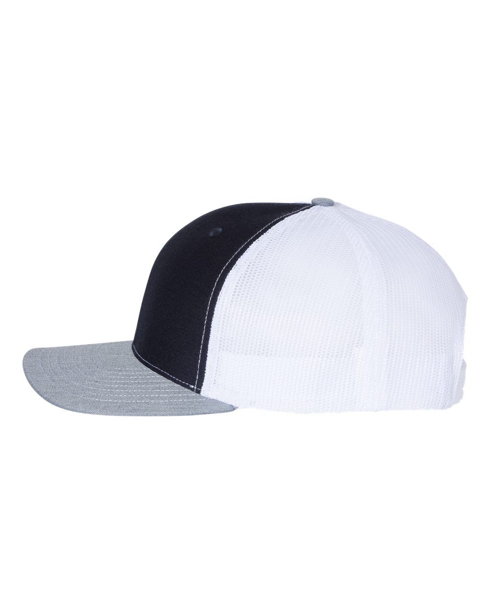 A black and white baseball cap with a gray brim on a white background.