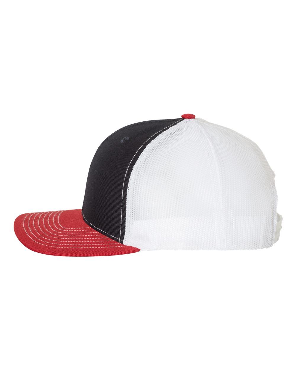 A black and white baseball cap with a red brim on a white background.