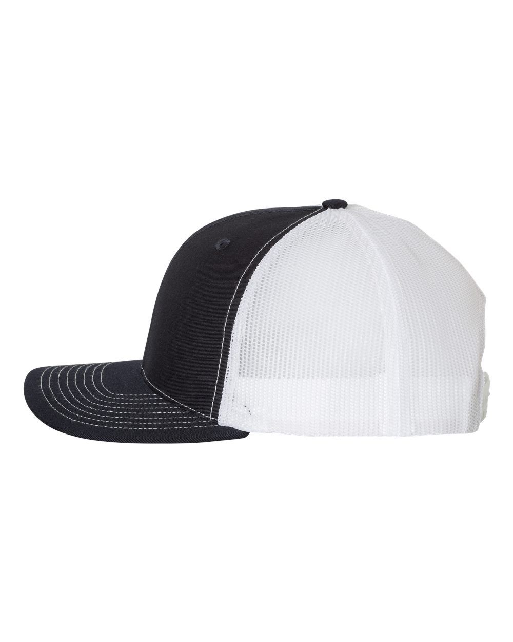 A black and white trucker hat with a white stripe on the side.