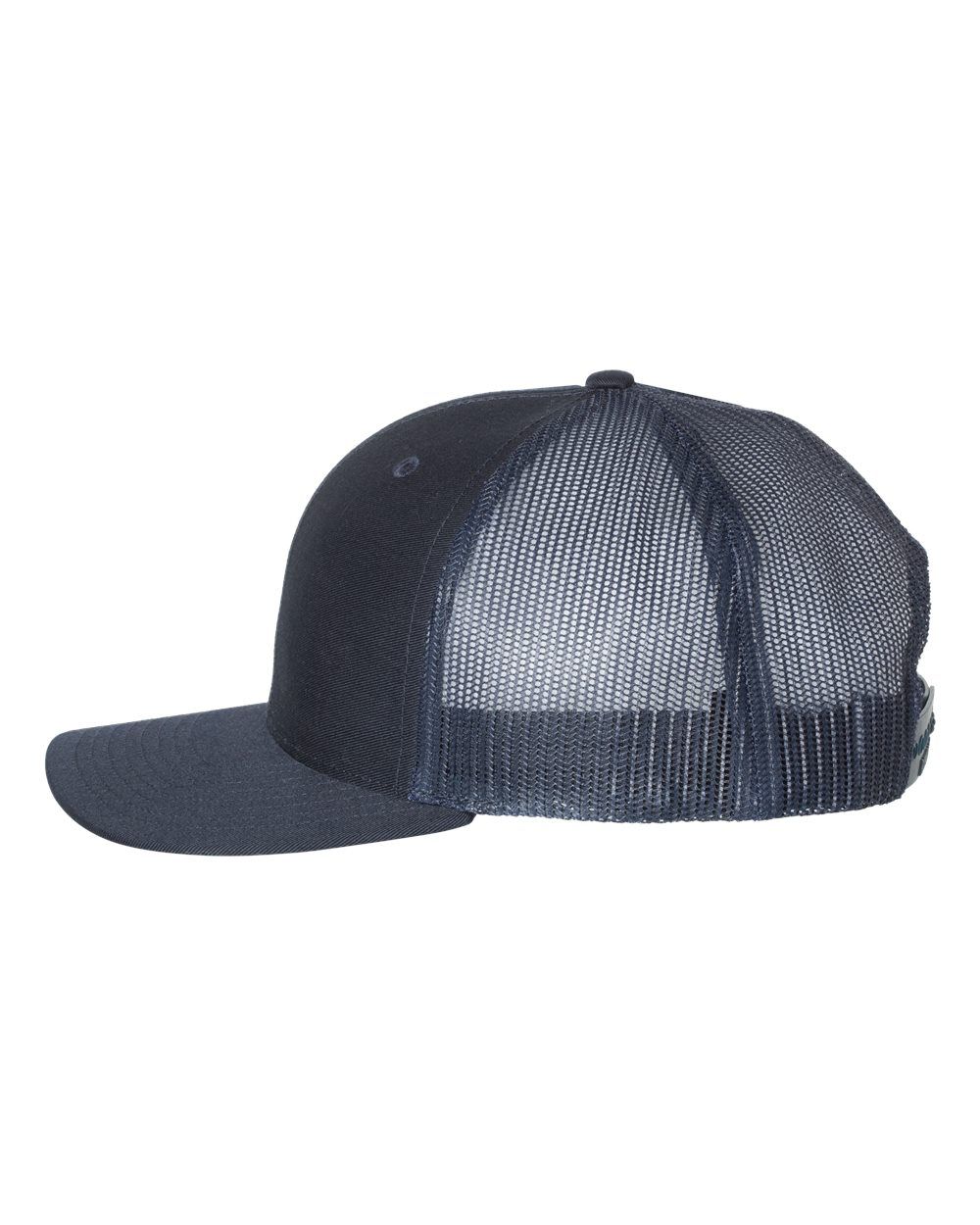 A black trucker hat with a mesh back on a white background
