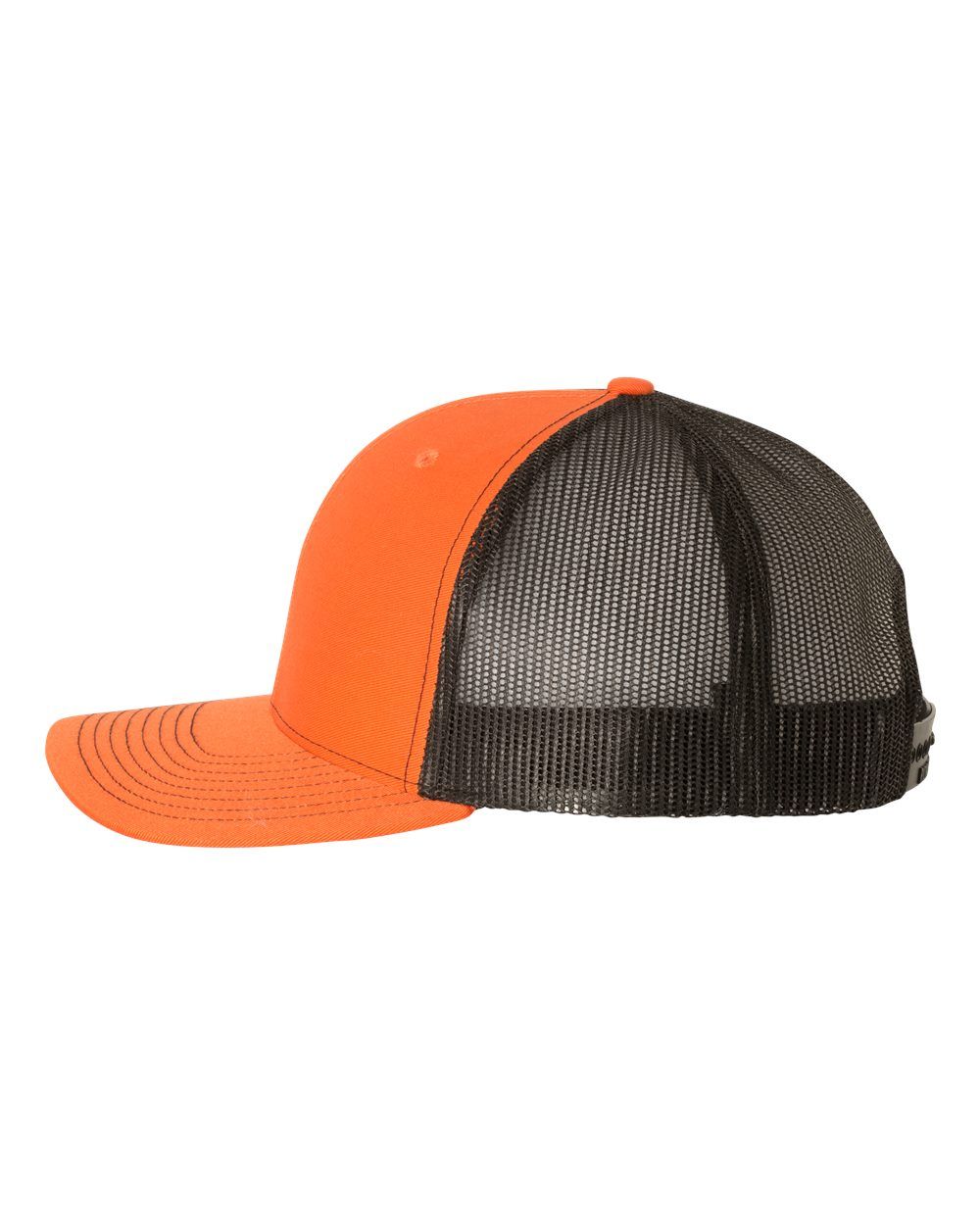 A close up of an orange and black trucker hat on a white background.