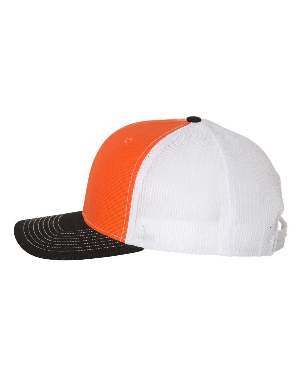 An orange and white baseball cap with a black brim