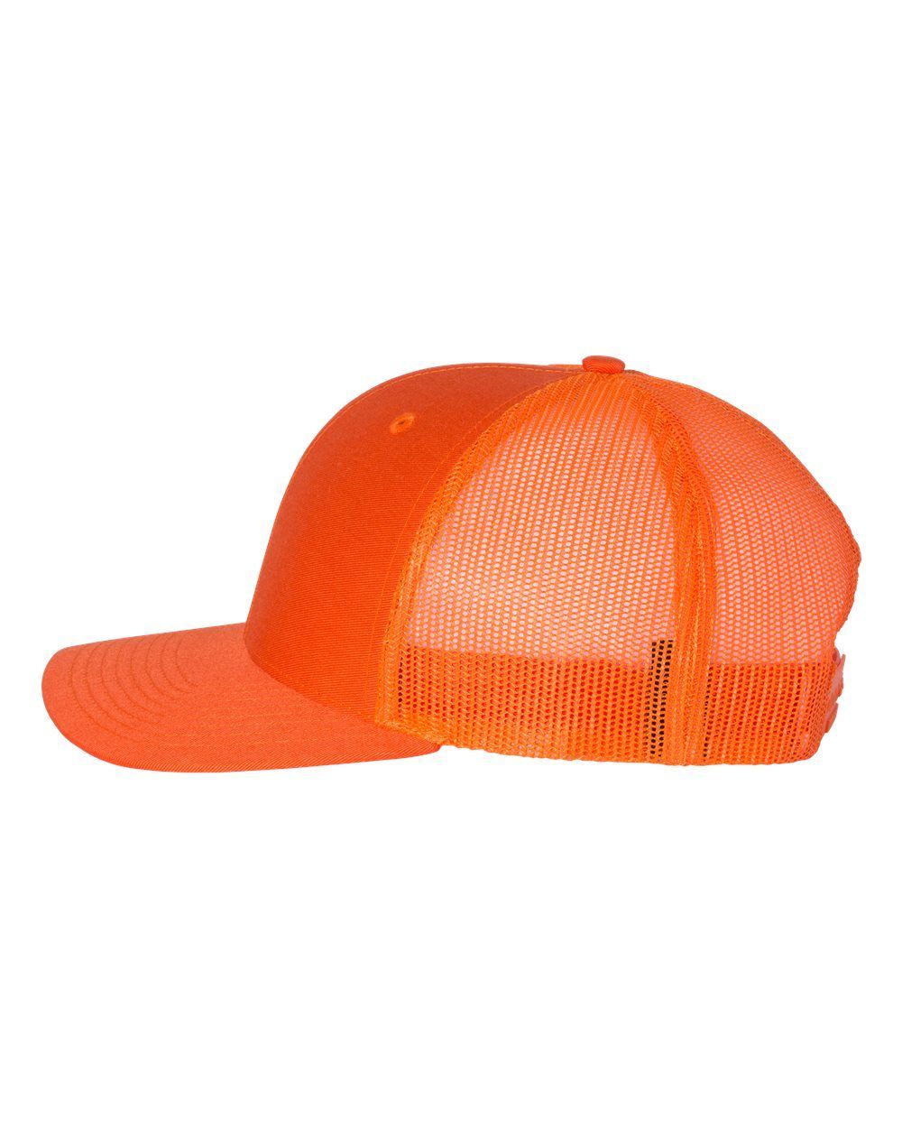An orange trucker hat is shown on a white background