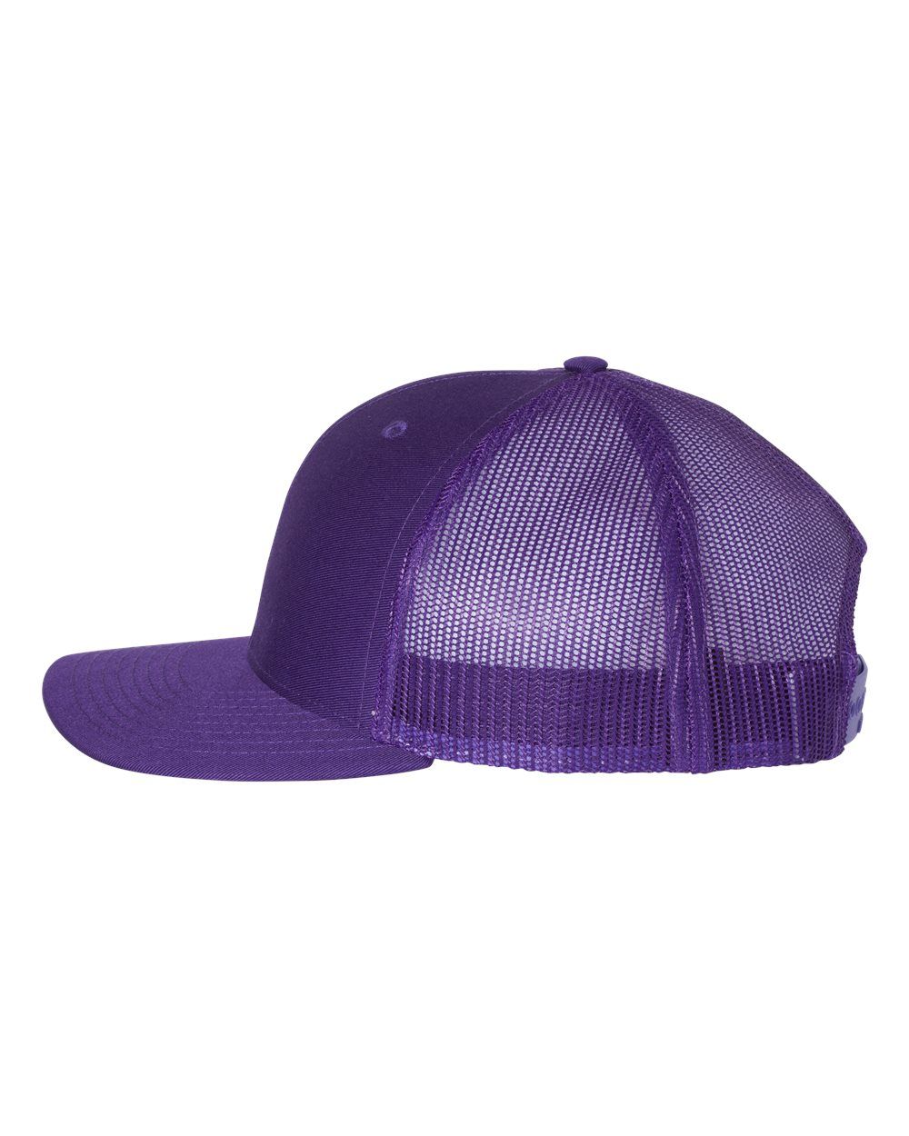 A purple trucker hat with a mesh back on a white background.