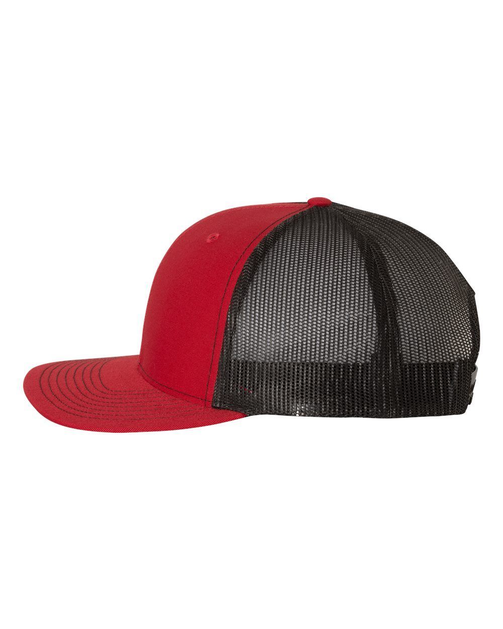 A red and black trucker hat with a mesh back on a white background.