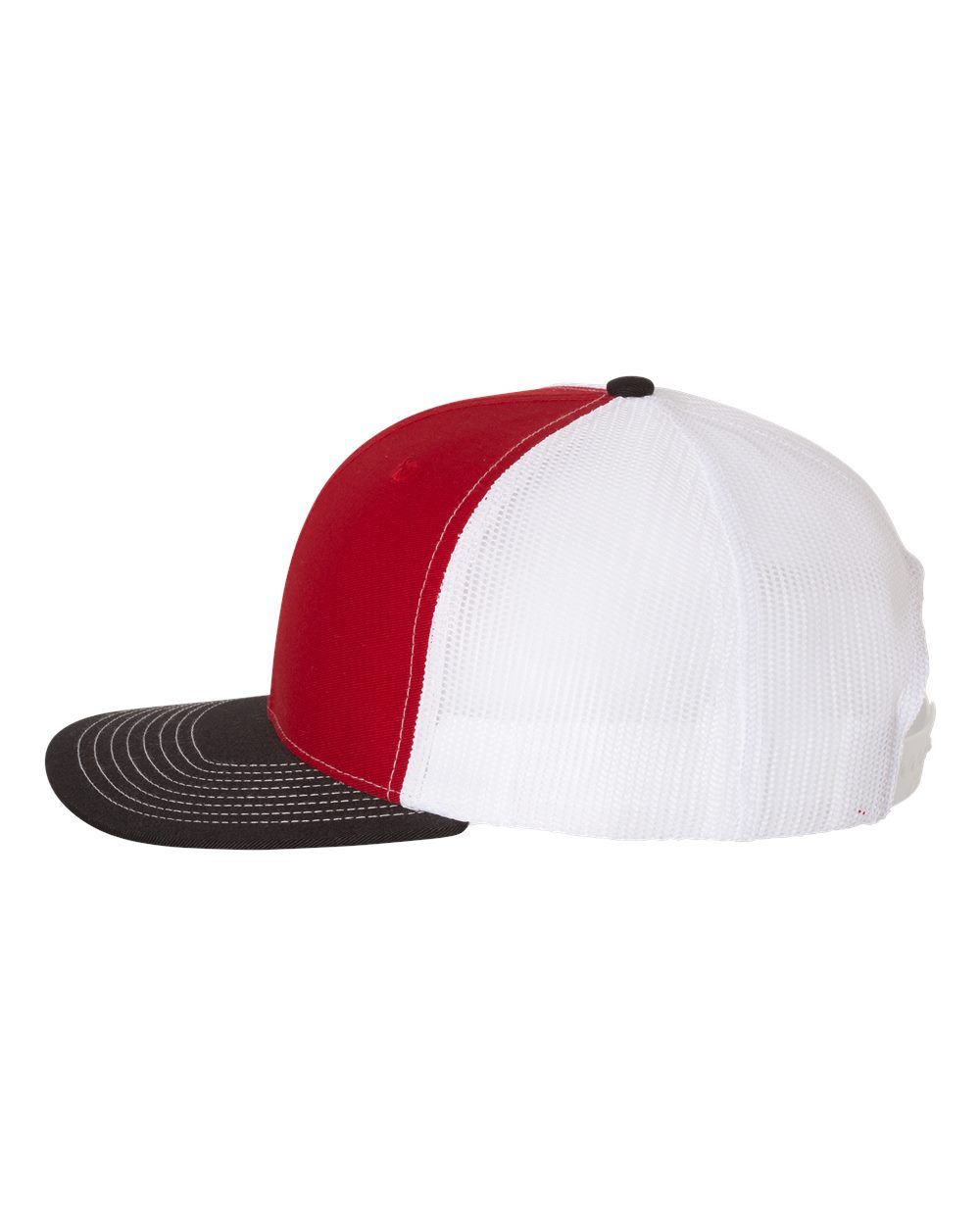 A red and white baseball cap with a black brim on a white background.