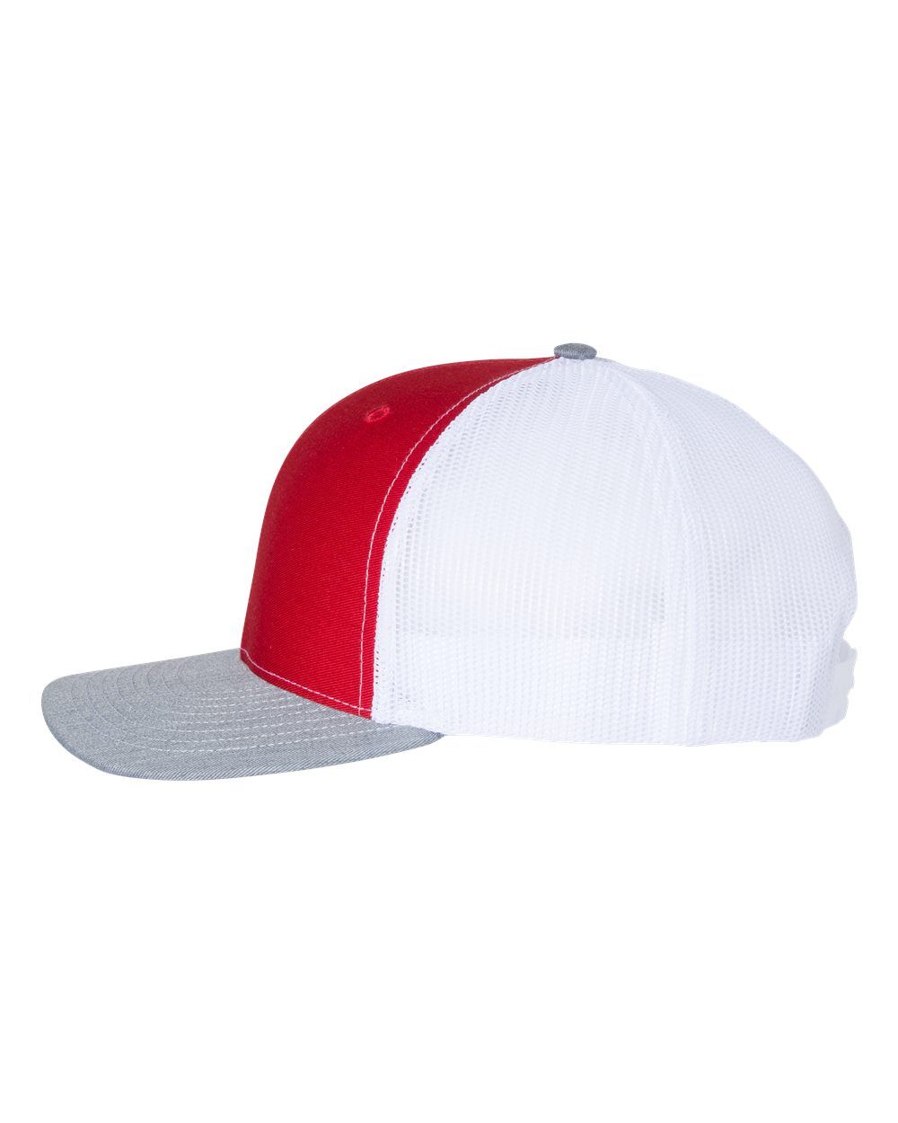 A red and white baseball cap with a grey brim