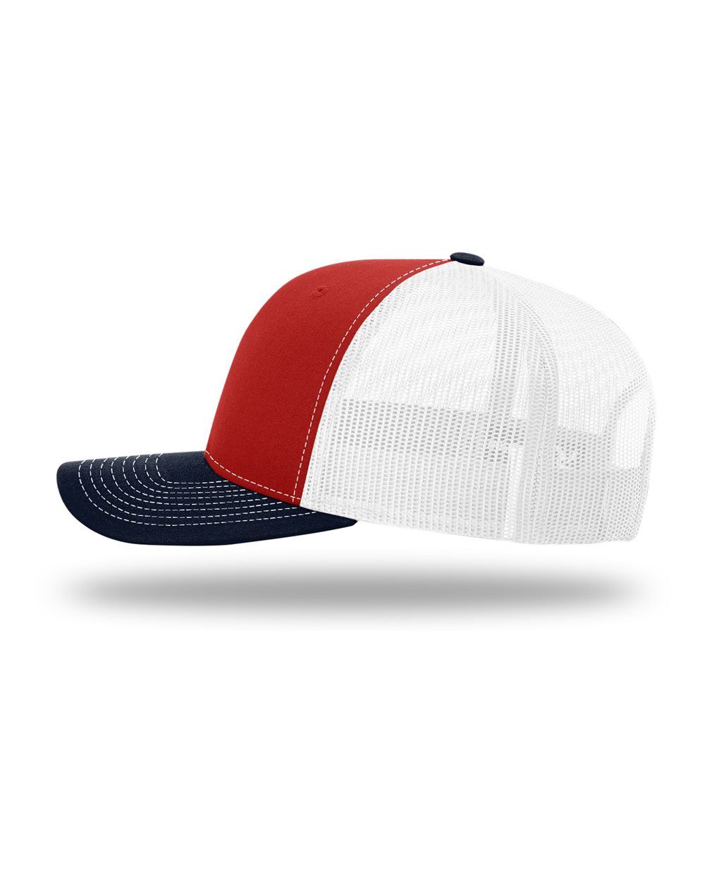 A red , white and blue trucker hat with a mesh visor on a white background.