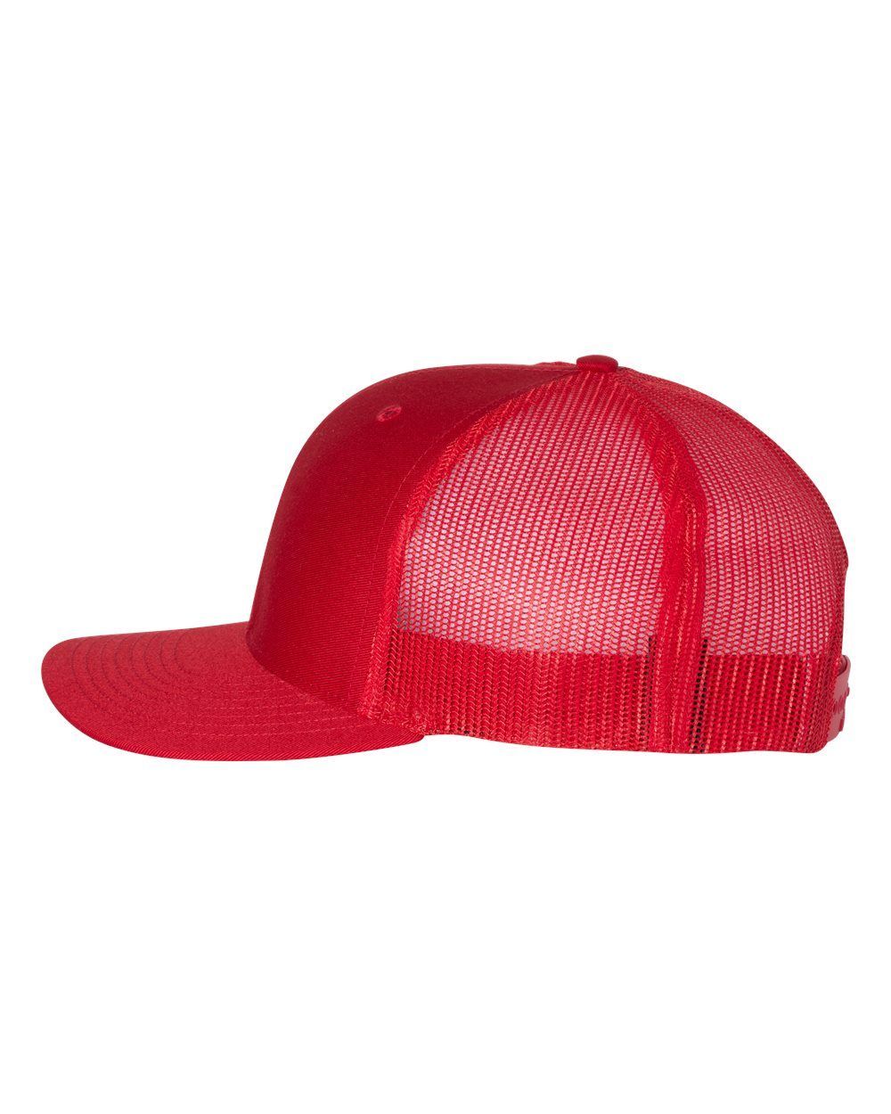 A red trucker hat is shown on a white background