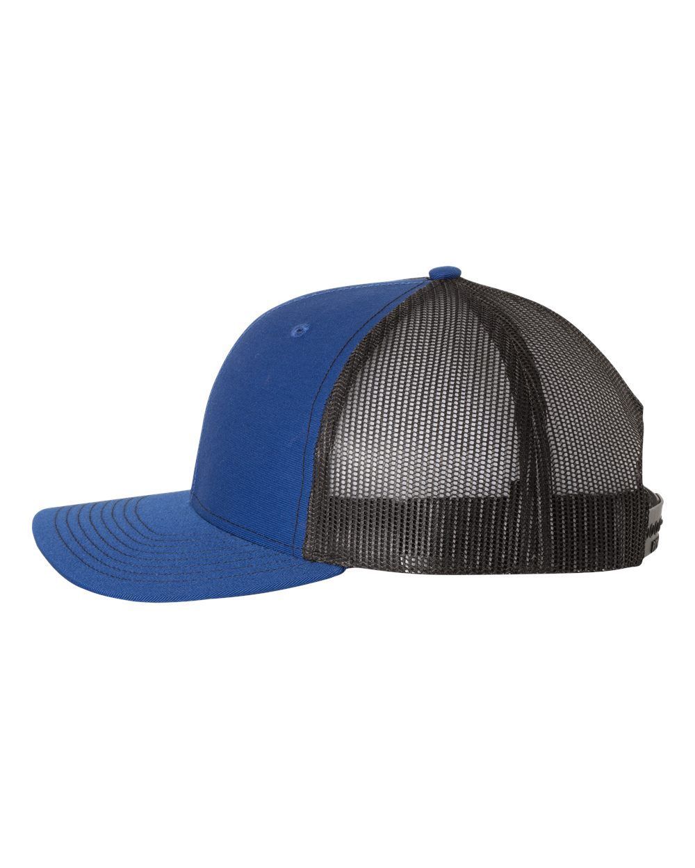 A blue and black trucker hat with a mesh back on a white background.