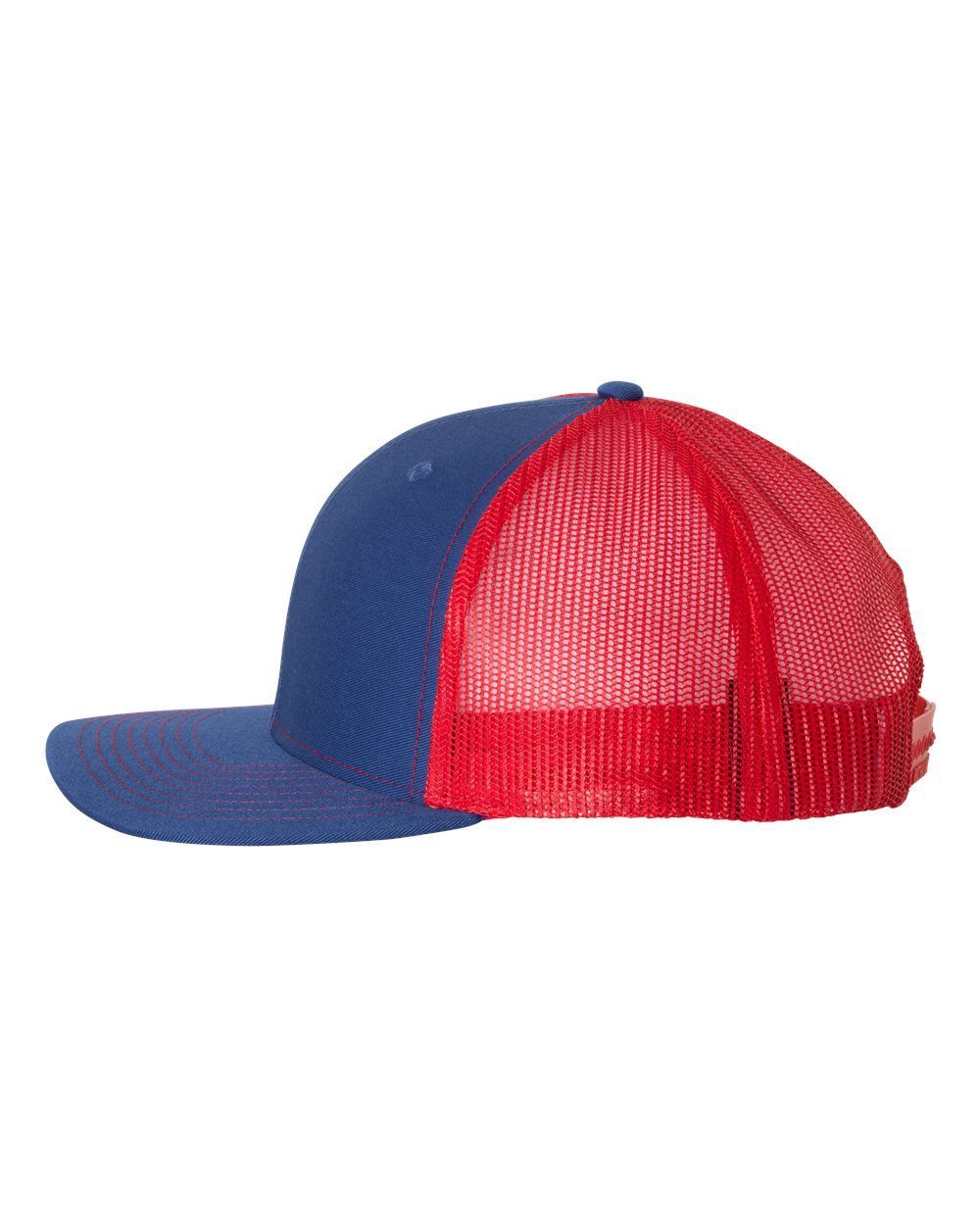 A blue and red trucker hat with a red mesh back