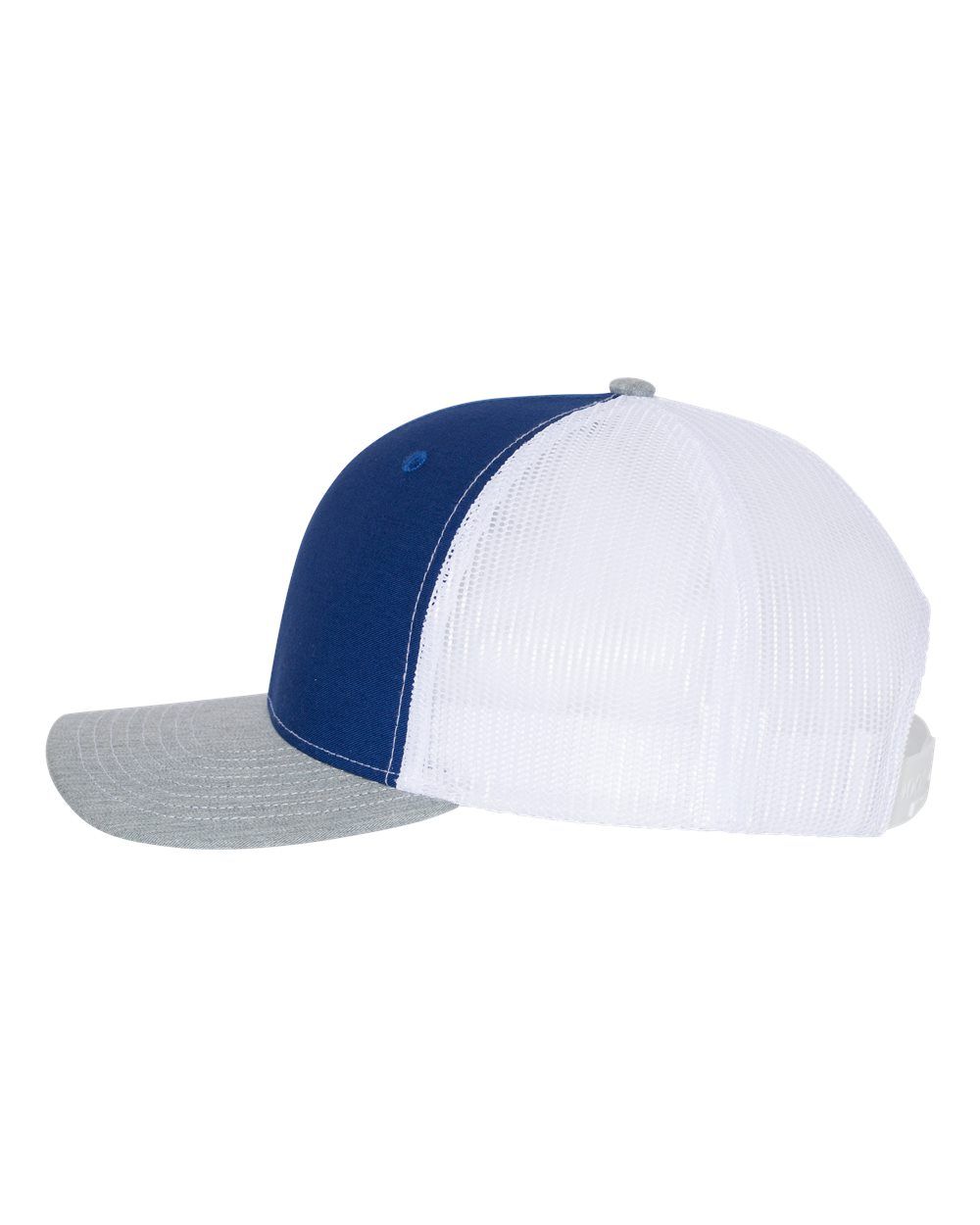 A blue and white baseball cap with a grey brim on a white background.