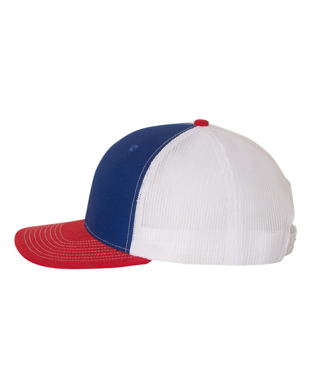 A red white and blue baseball cap on a white background
