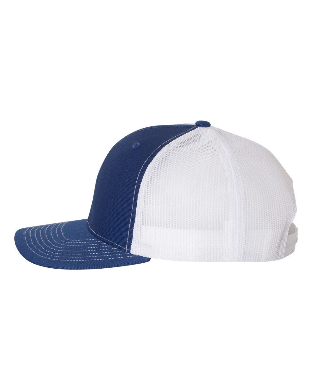 A blue and white baseball cap with a mesh back on a white background.