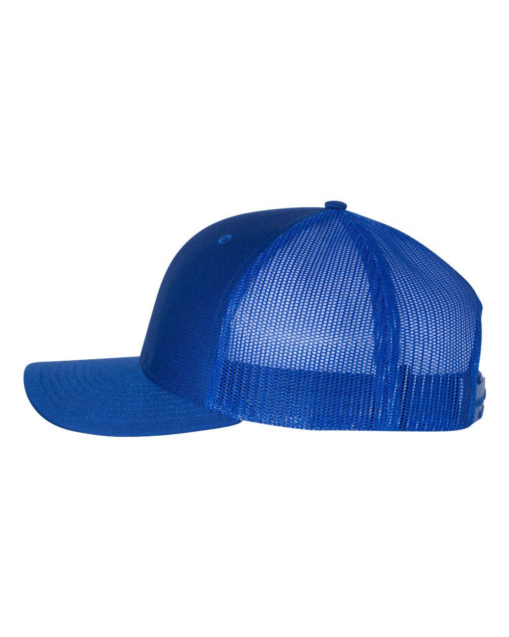 A blue baseball cap with a mesh back on a white background.
