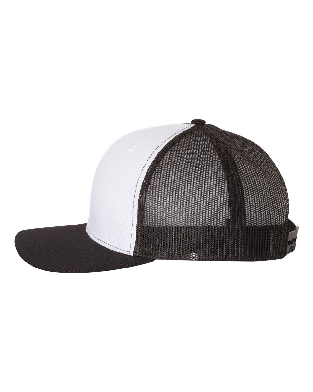 A black and white trucker hat with a mesh back on a white background.