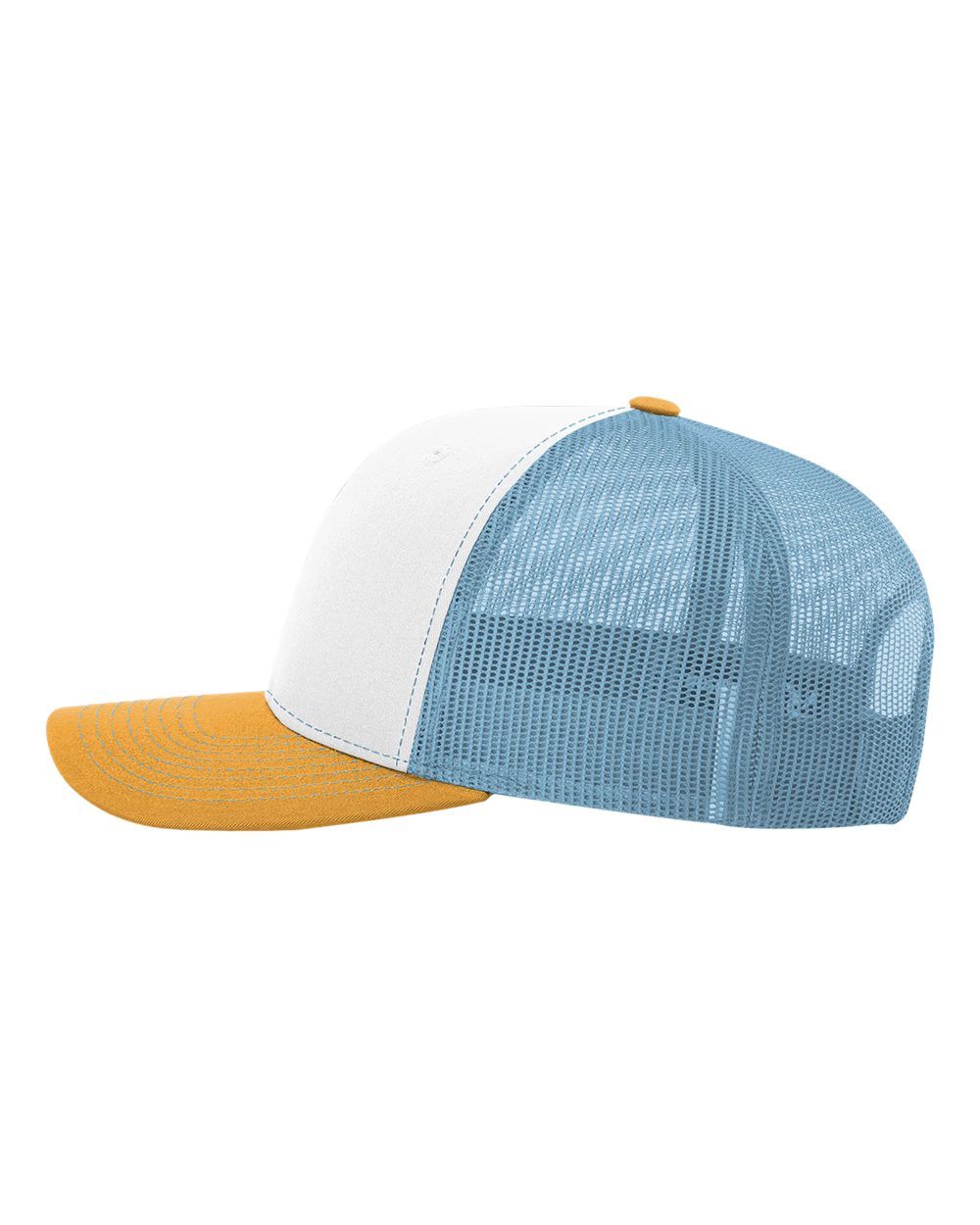 A blue and white trucker hat with a yellow brim on a white background.