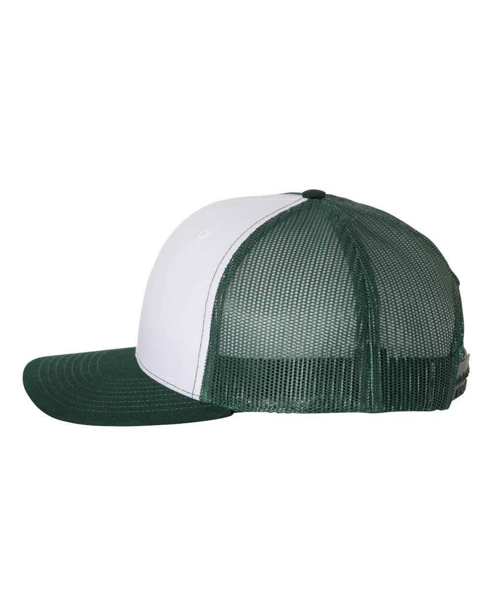 A green and white trucker hat on a white background.