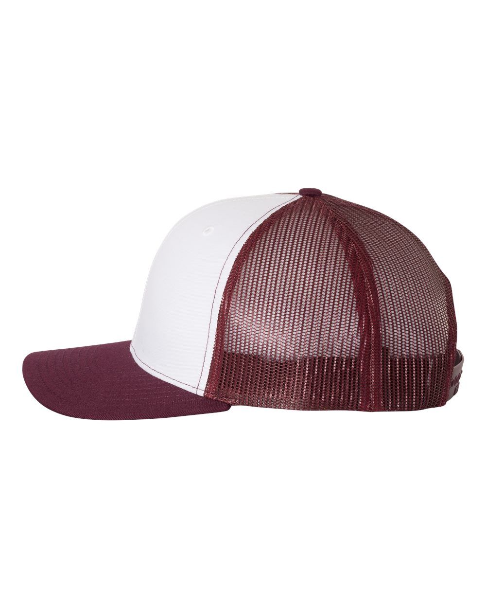 A maroon and white trucker hat with a mesh back on a white background.