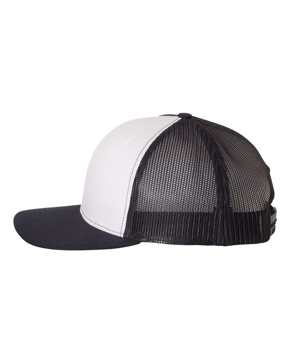 A black and white trucker hat with a mesh back on a white background.