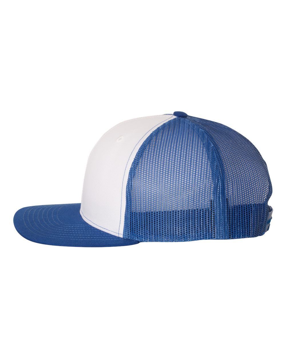 A blue and white trucker hat with a mesh back on a white background.