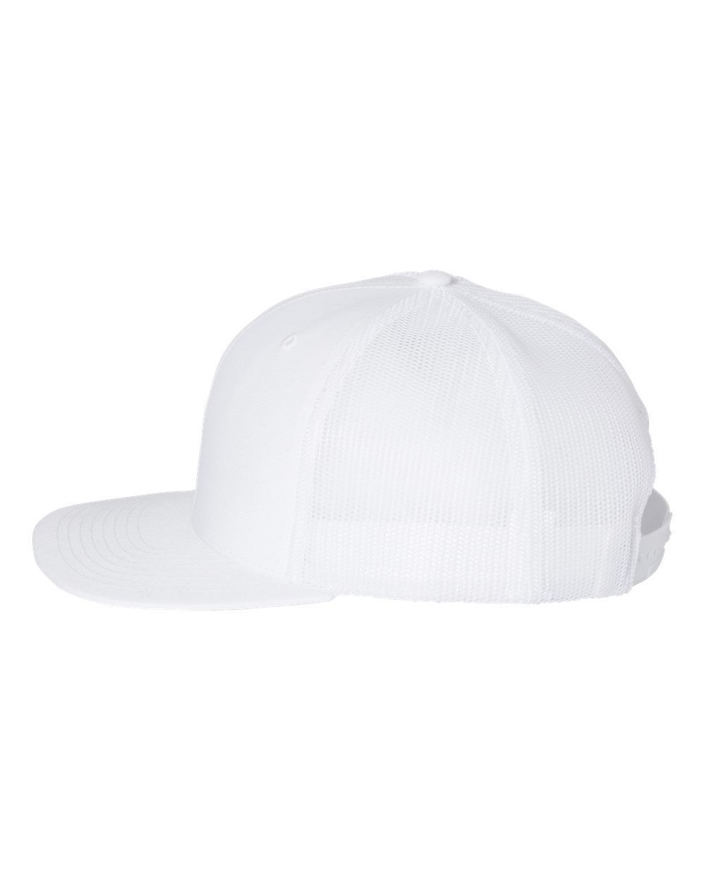 A white baseball cap is shown from the side on a white background.