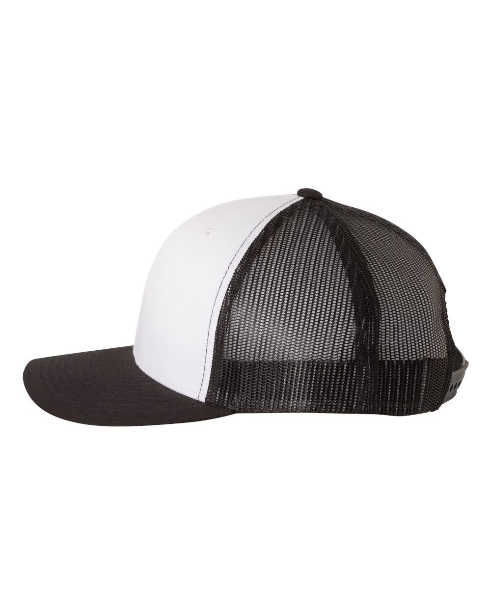 A black and white trucker hat with a mesh back on a white background.