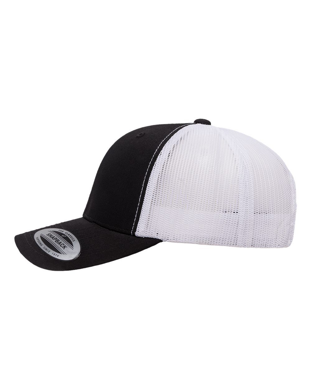 A black and white baseball cap with a white mesh back