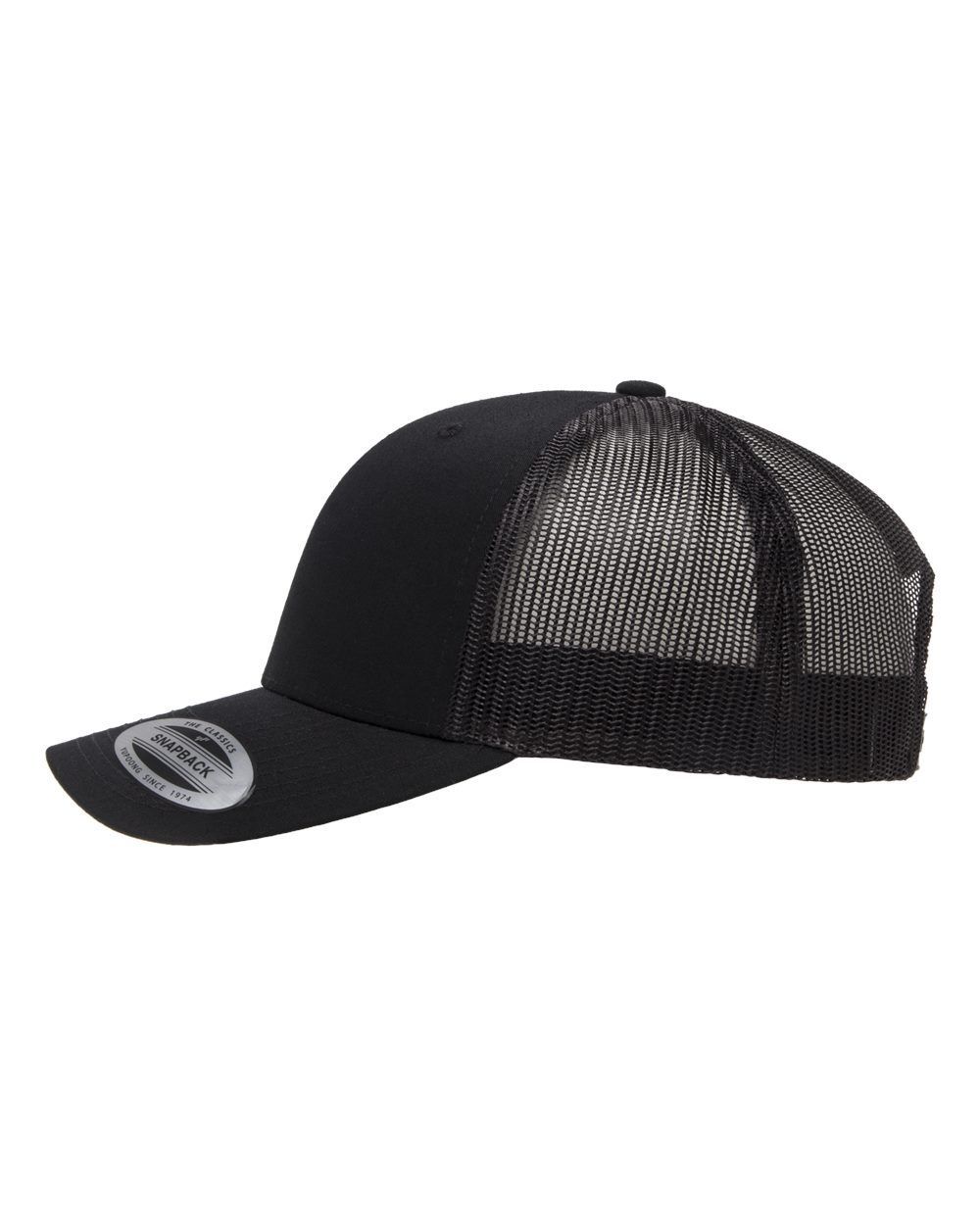 A black trucker hat with a mesh back on a white background.